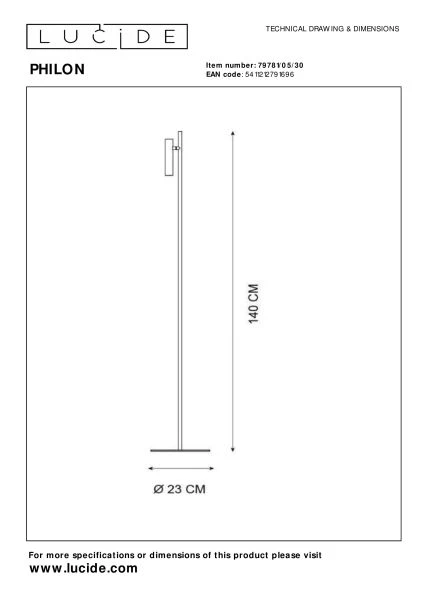 Lucide PHILON - Lampadaire / lampe de lecture - Ø 23 cm - LED Dim. - 1x4,5W 3000K - Noir - TECHNISCH